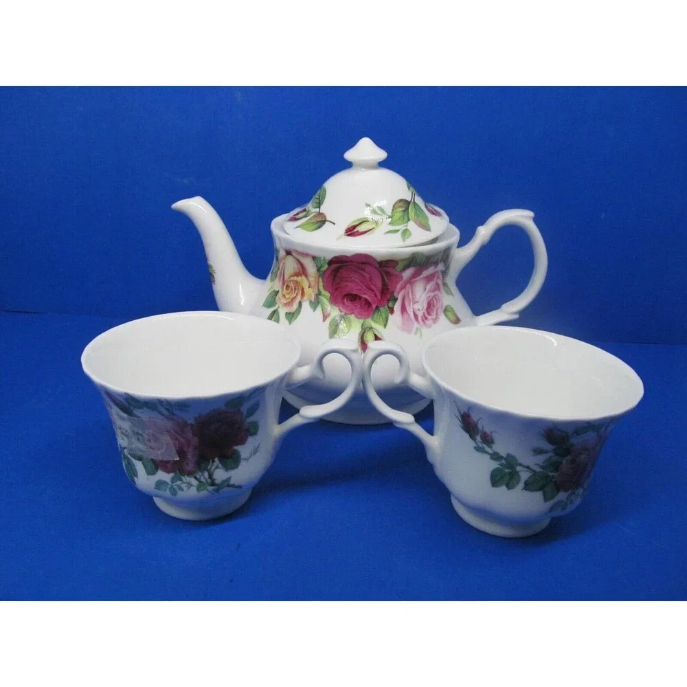 Roy Kirkham Garden Rose Teapot And 2 Tea Cups Excellent